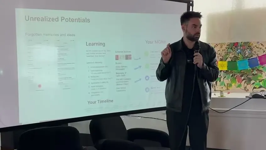 Speaking about MONK at Frontier Tower, a slide titled Unrealized Potentials on the screen