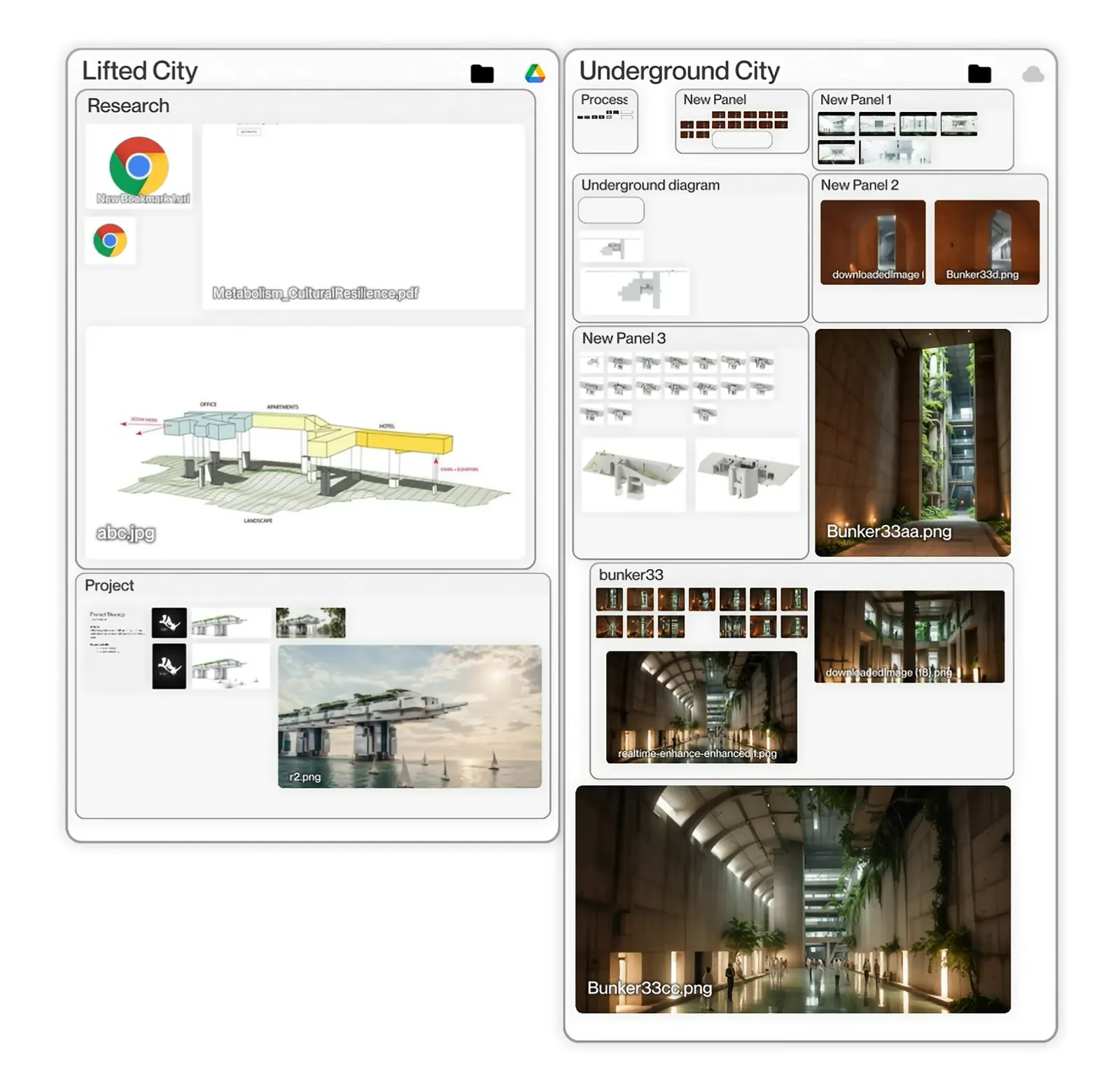 A FileMap canvas holding two architecture projects with research, drafts, panels, and images arranged in space