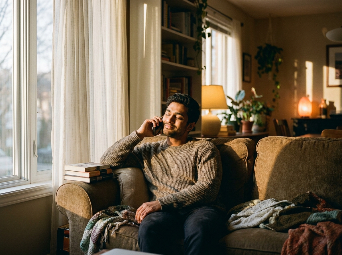 A man relaxing at home, warmly taking a phone call