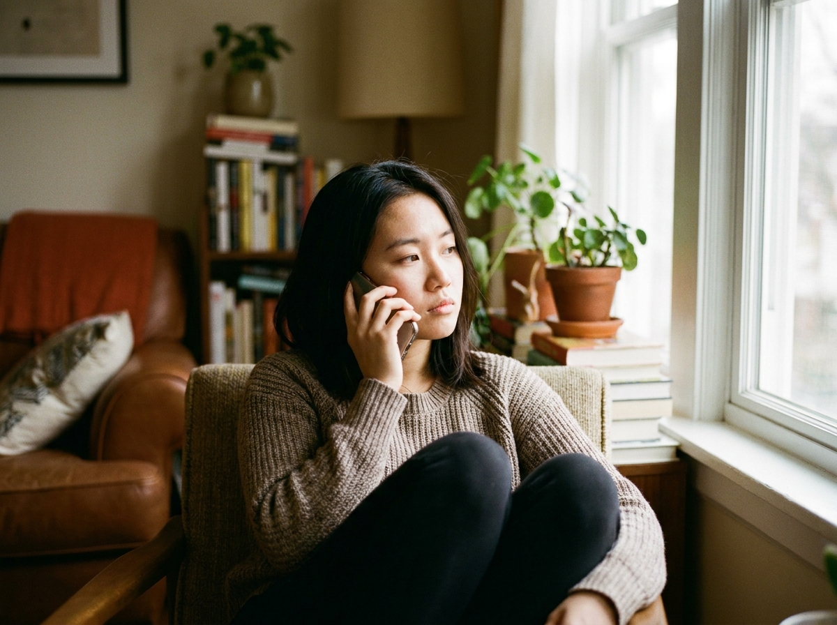 A woman by a window in a thoughtful, reflective moment