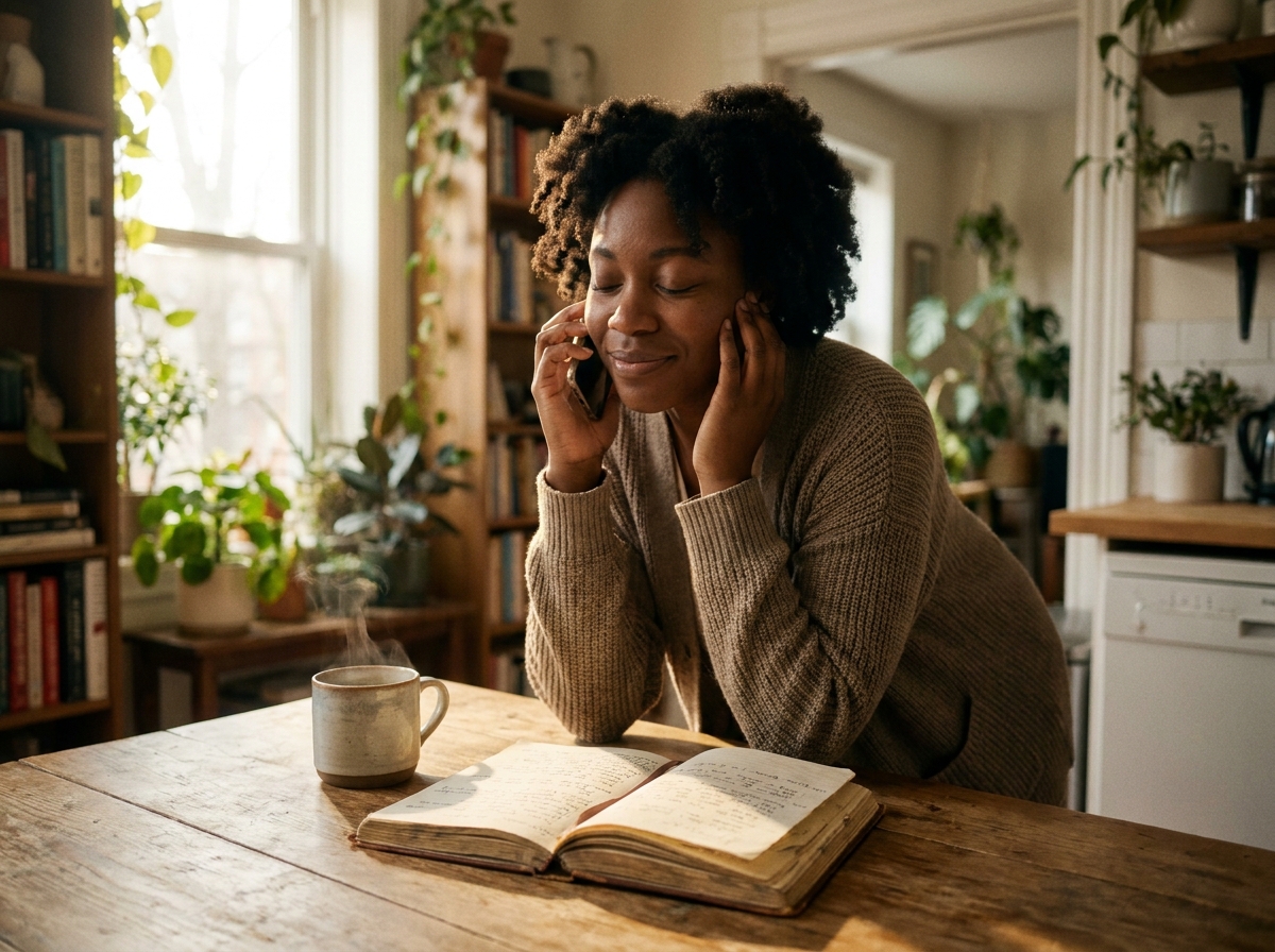 A woman writing in a journal with tea in the morning light