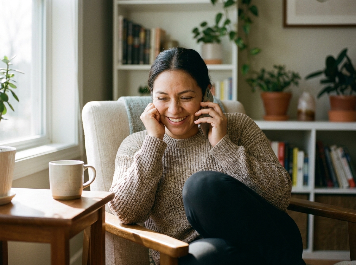 A woman laughing warmly during a heartfelt phone conversation