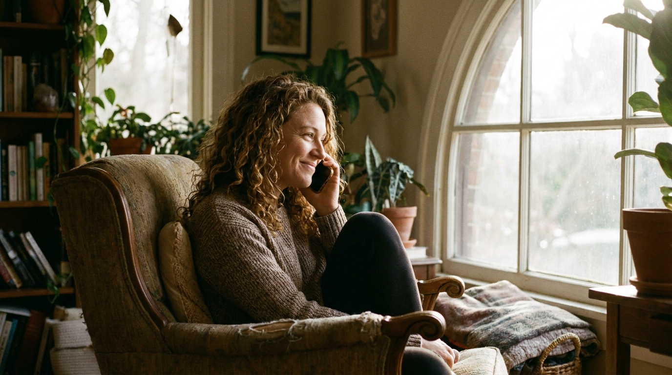 A woman smiling on a warm phone call at home