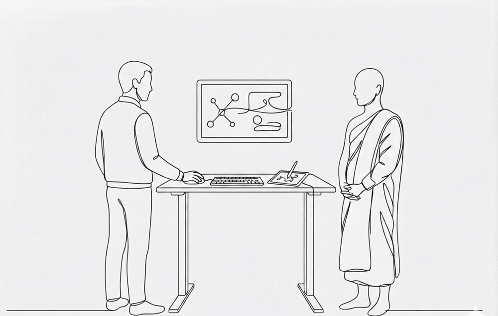 A person standing at a desk working, and a monk standing beside them, watching the same screen.