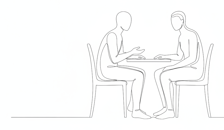 Two people seated across a table from each other, drawn as one continuous line.